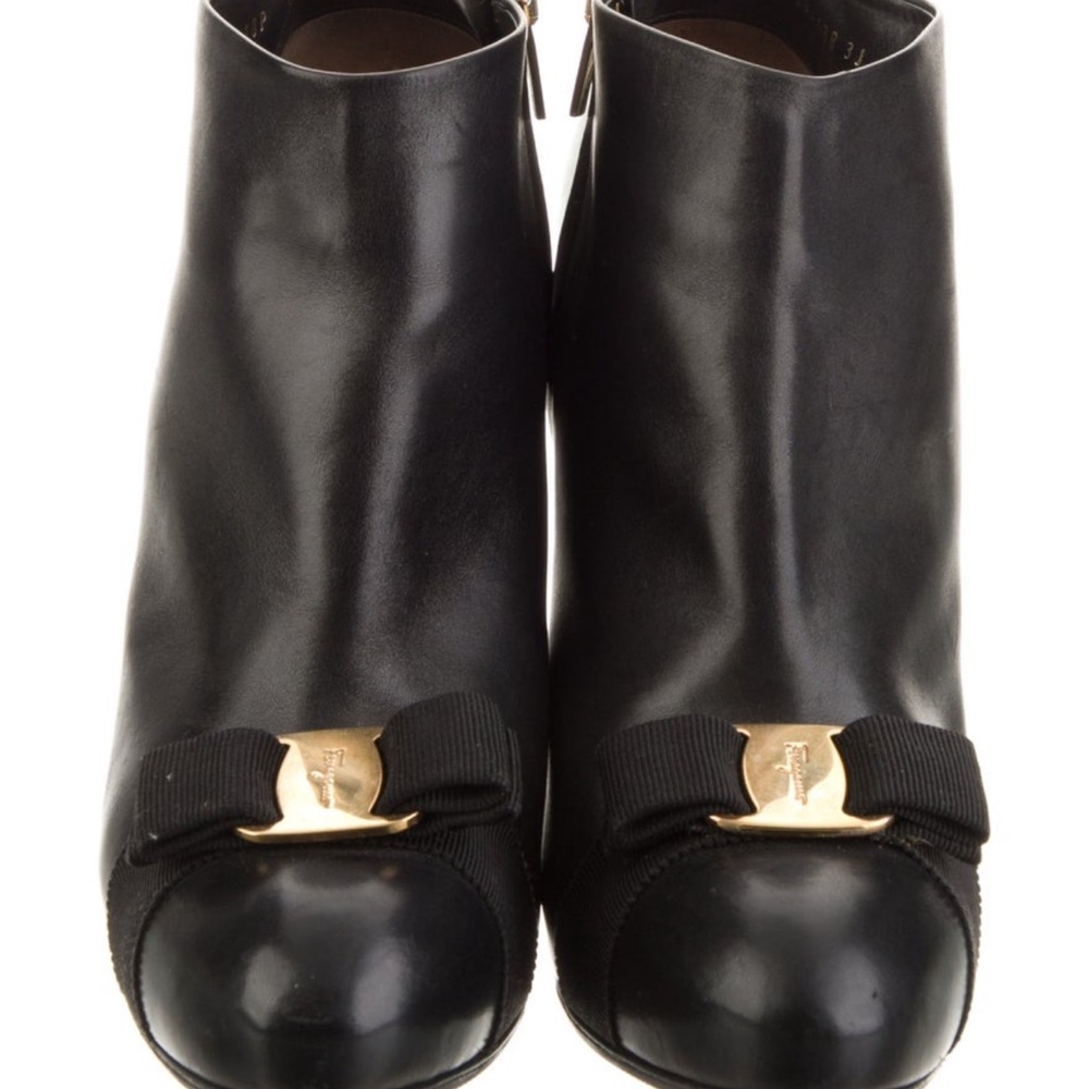 Ferragamo Elegant Black Ankle Boots with Gold Accent